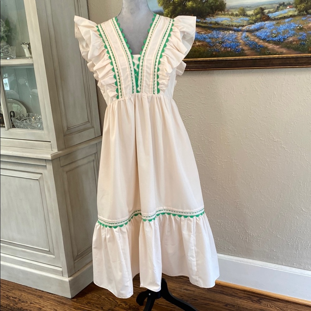 Entro Cream Midi Dress with Green Trim